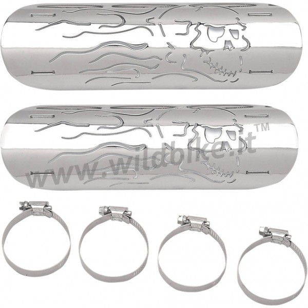 FLAMING SKULL CHROME HEAT SHIELDS  FOR MUFFLERS EXHAUSTS MOTORCYCLE