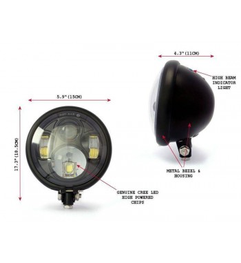 HEADLIGHT FLAT BLACK CREE LED BATES 5.75" 145 MM FOR MOTORCYCLE AND HARLEY DAVIDSON