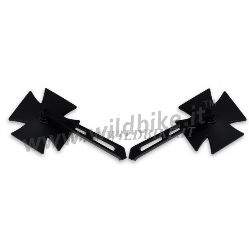 A BLACK MALTESE CROSS MIRRORS FOR HARLEY DAVIDSON AND CUSTOM MOTORCYCLES