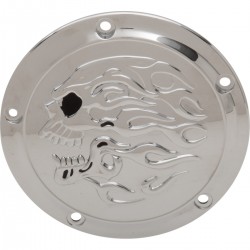 CHROME CLUTCH DERBY COVER SKULL FLAME 3D HARLEY DAVIDSON TWIN CAM 99-17
