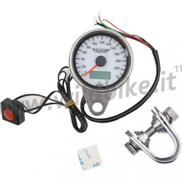 elektronischer Tachometer mini 220 km/h 61 mm. weiss custom motorrad und harley